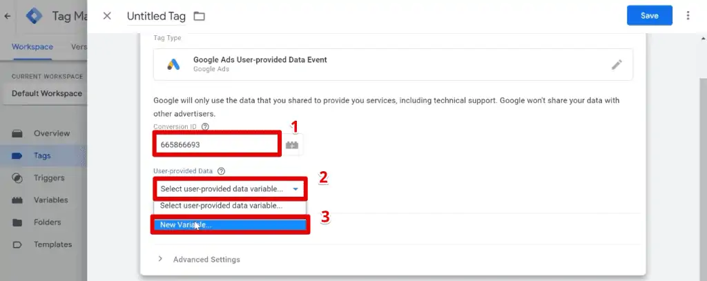 Configuring the Google Ads user-provided data event tag