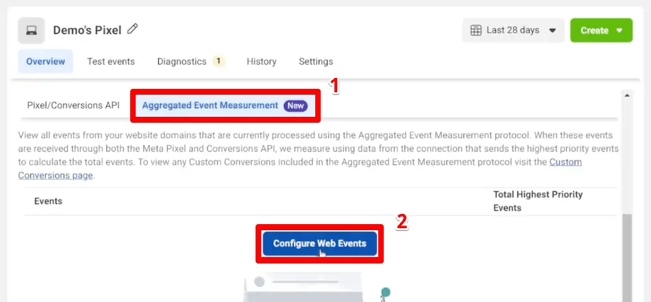 Configuring web events from the events manager