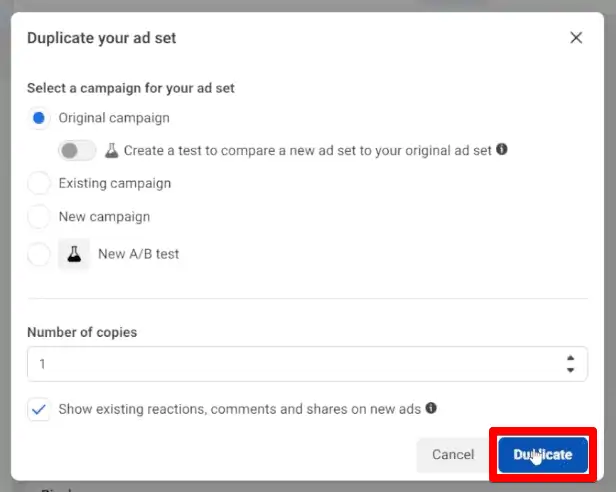 Confirming the duplication of the ad set