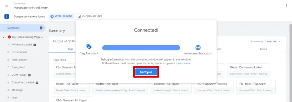 Continuing to the Tag Assistant
