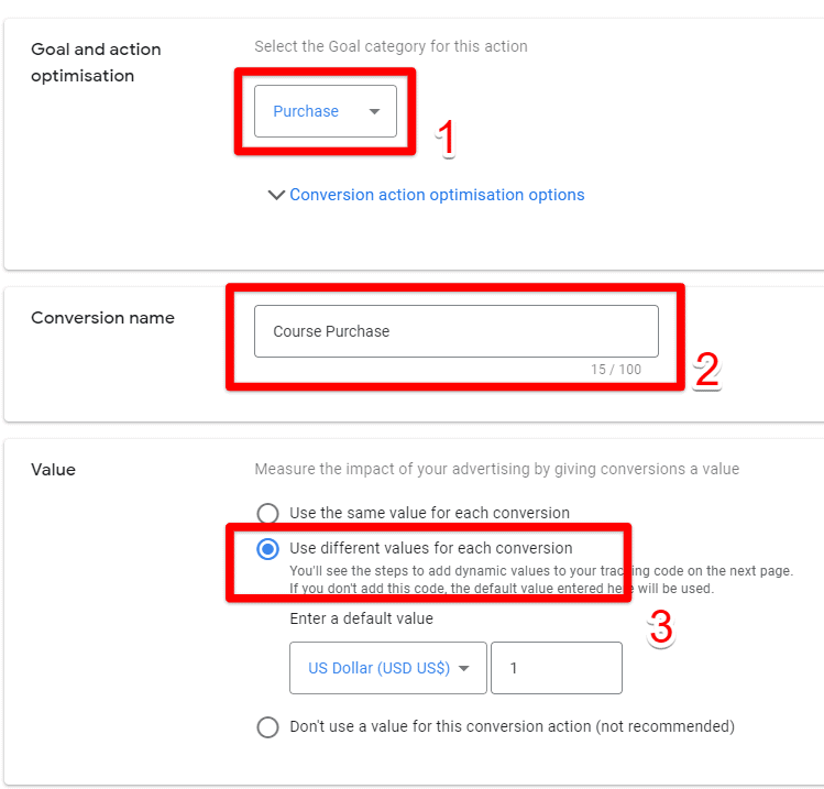 Conversion configuration in the Ads account