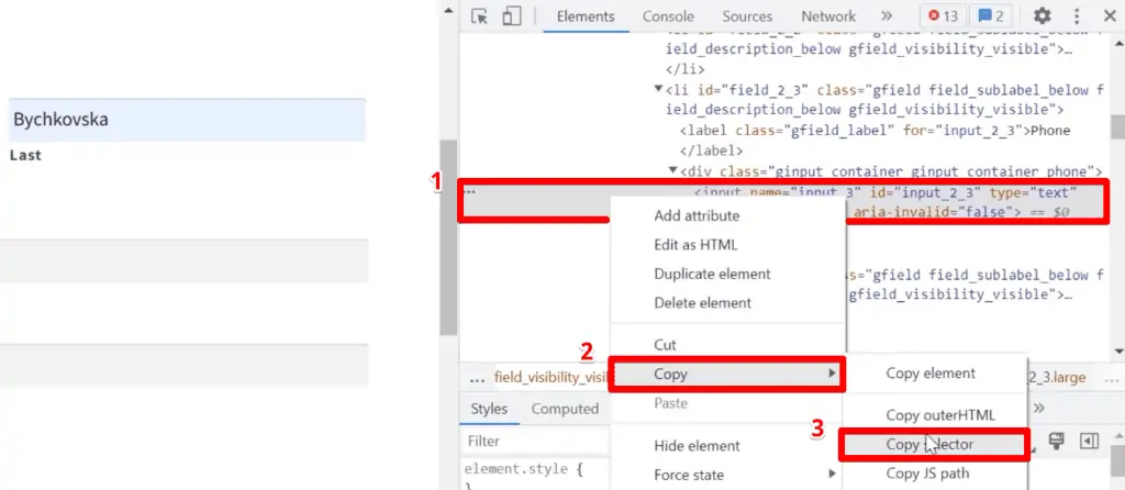Copying the CSS selector of the selected element