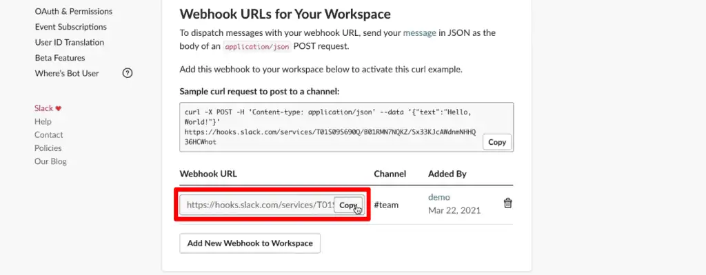 Copying the webhook URL for the Slack workspace