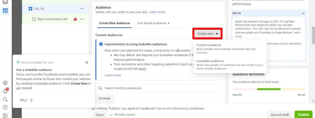Creating a lookalike audience in the audience section