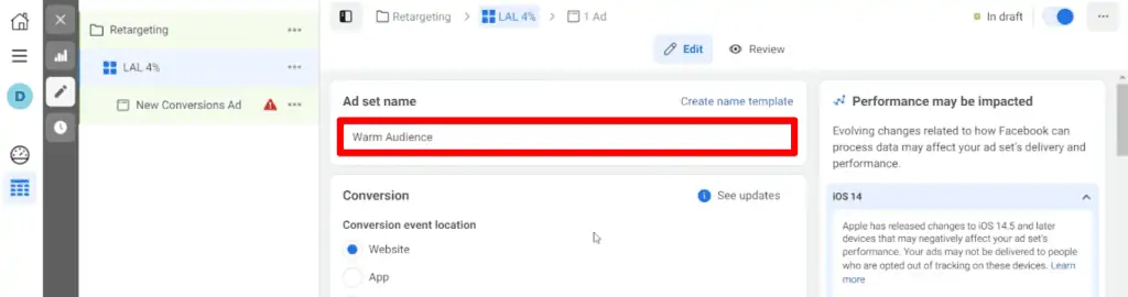 Creating the warm audience ad set