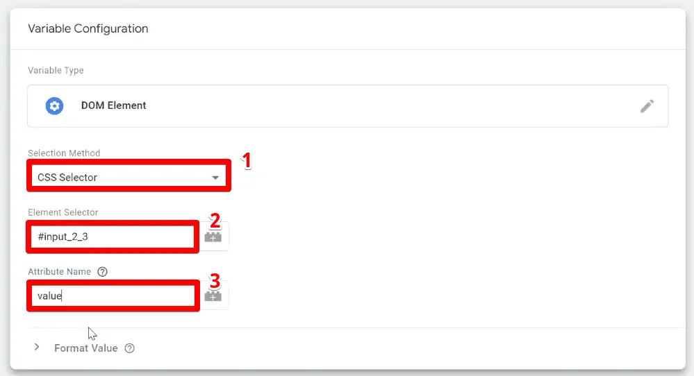 DOM element variable configuration
