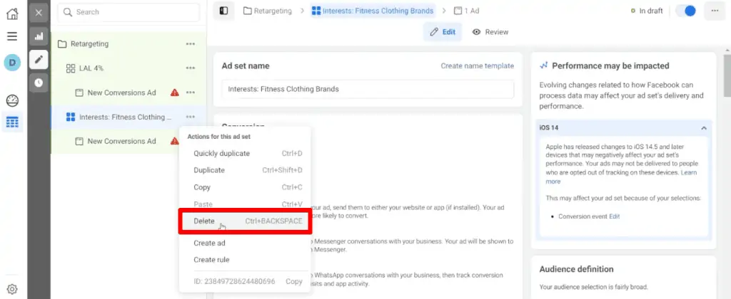 Deleting all but one ad set in the retargeting campaign