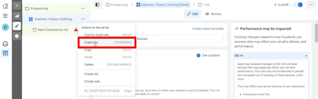 Duplicating the ad set