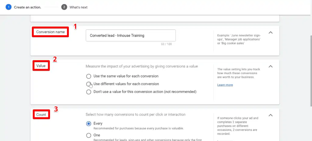 Editing the conversion action settings