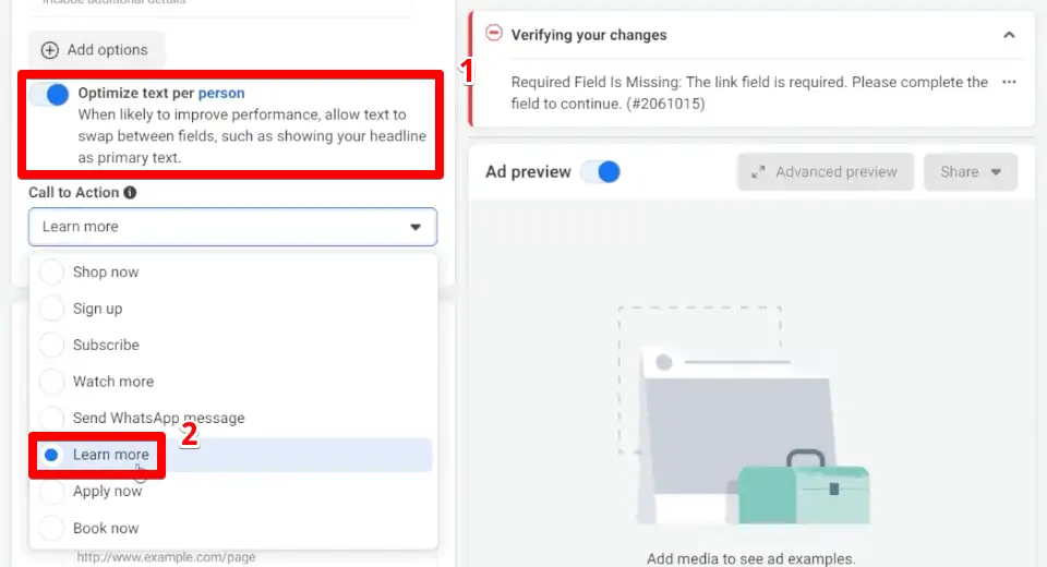 Enabling optimize text per person and choosing the learn more call to action