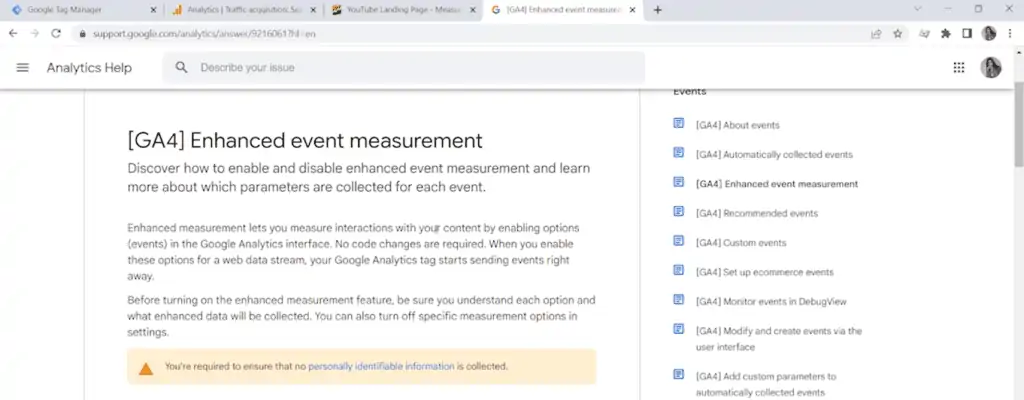 Enhanced event measurement Google documentation