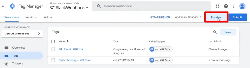 Entering GTM preview and debug mode