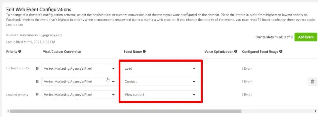Example web event configuration for a service-based business