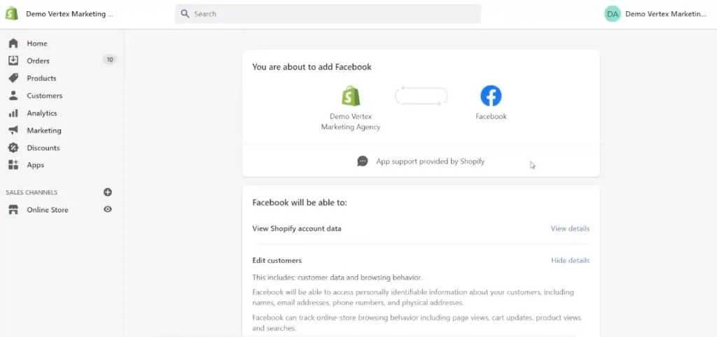 Facebook channel app permissions page