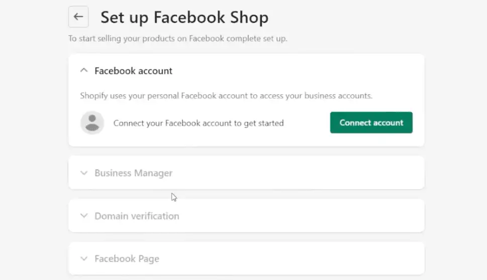 Facebook shop setup page