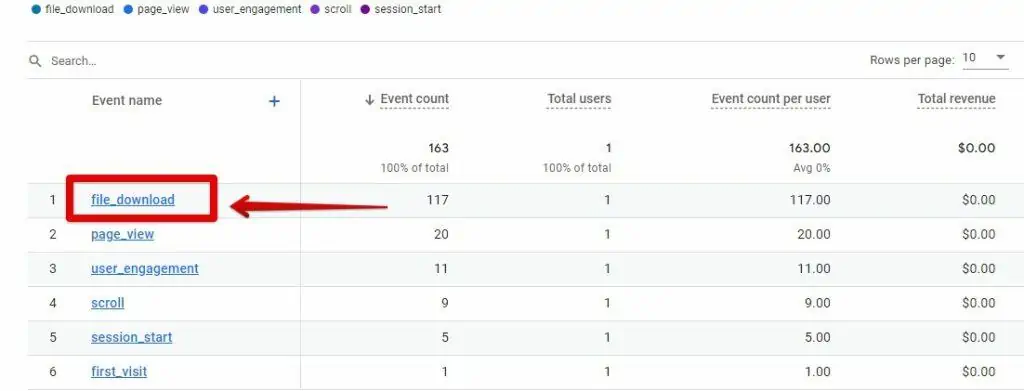 File download event in events report