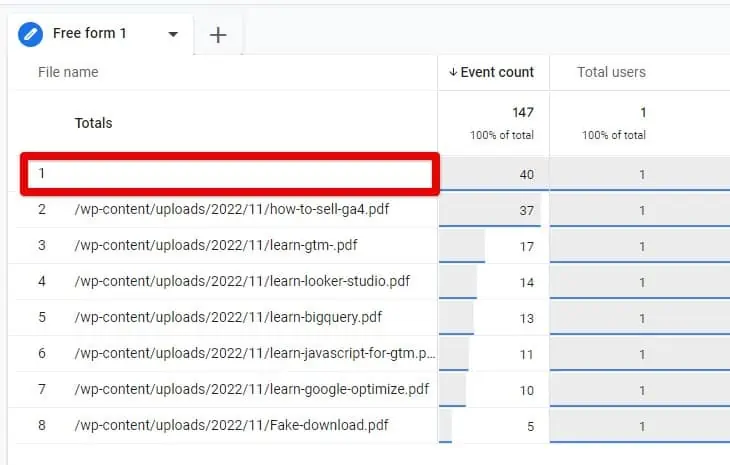 File download with additional events rows