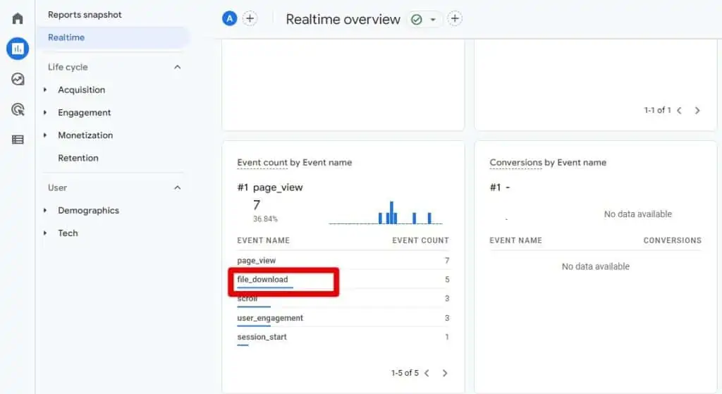File downloads in GA4 real-time report
