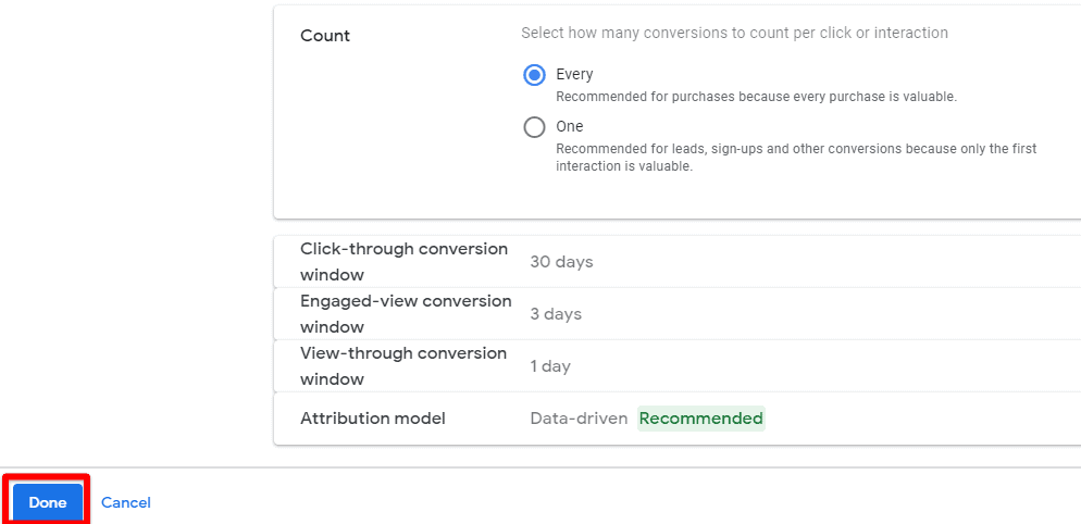 Finishing the conversion configuration in the Ads account