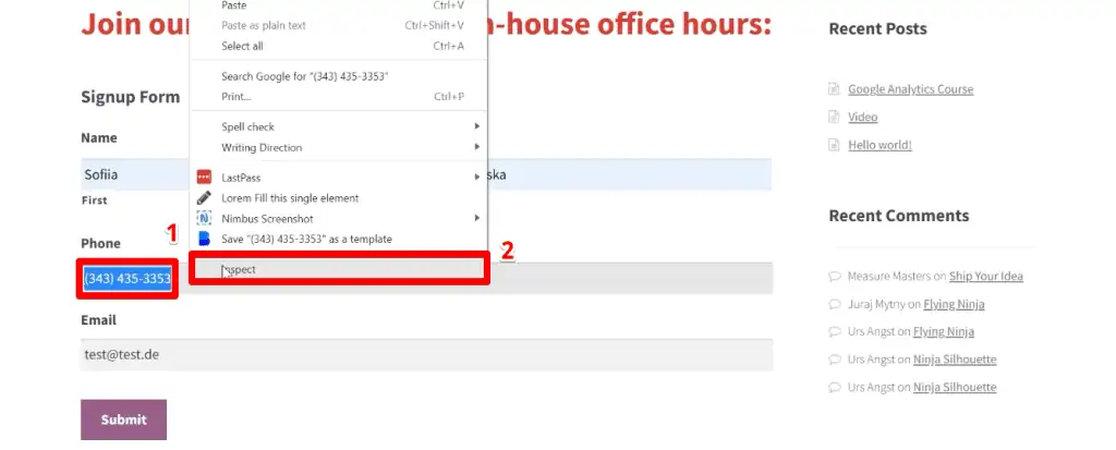 Inspecting the phone number form field