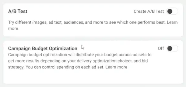 Keeping the A/B test and campaign budget optimization settings off