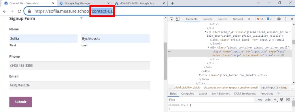 Leads form on the contact us page