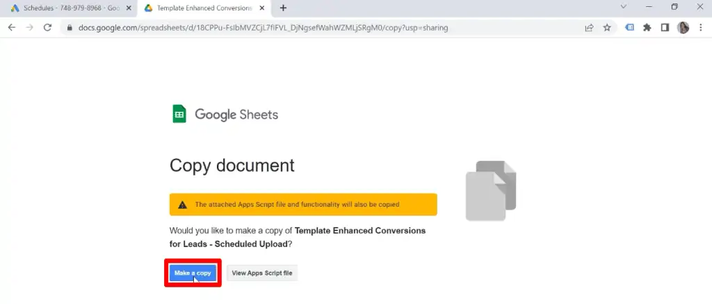 Making a copy of the Google Sheets template