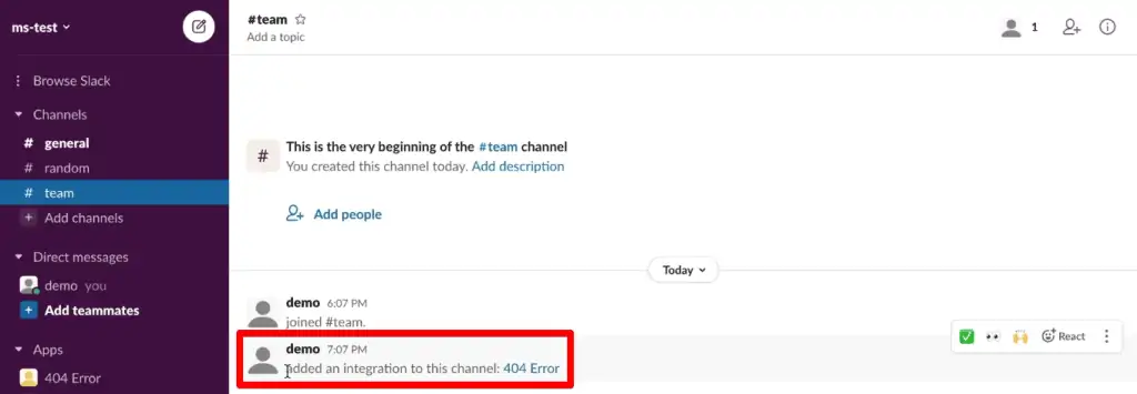 Message notification for successful app integration to the selected channel