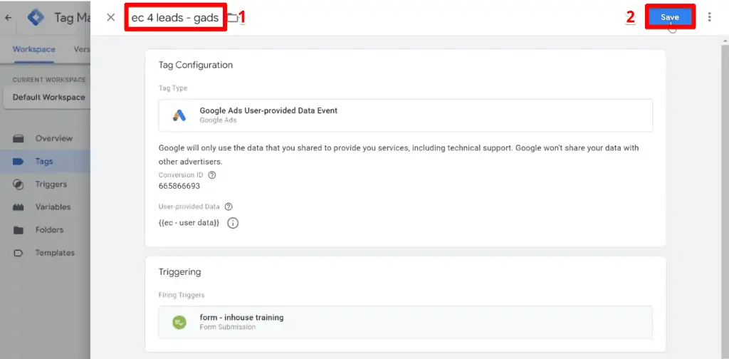 Naming and saving the user-provided data event tag