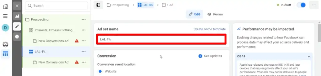 Naming the lookalike ad set