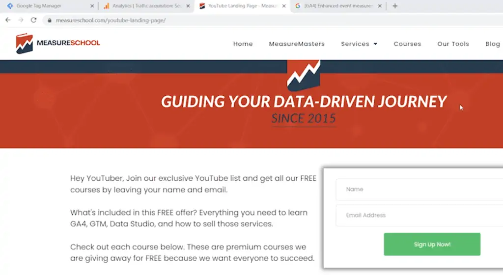 New MeasureSchool landing page with a sign-up form