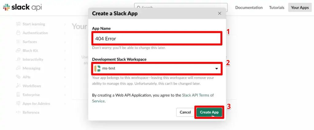 New Slack app configuration