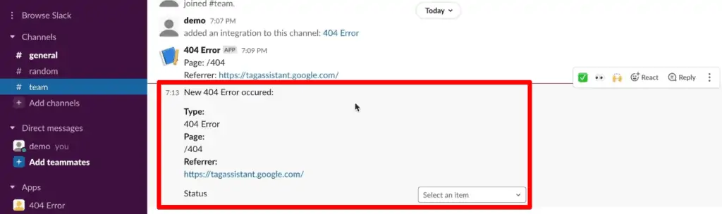 New Slack message with the dropdown menu