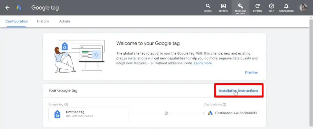 Opening the installation instructions for the Google tag