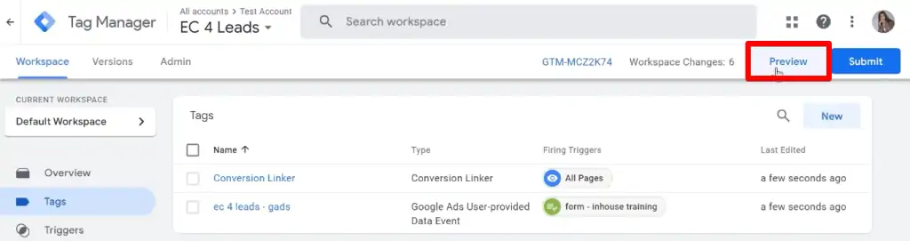 Previewing the created tags