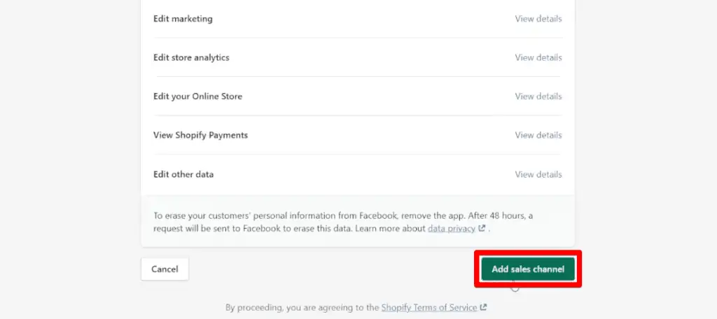Proceeding to add the Facebook sales channel