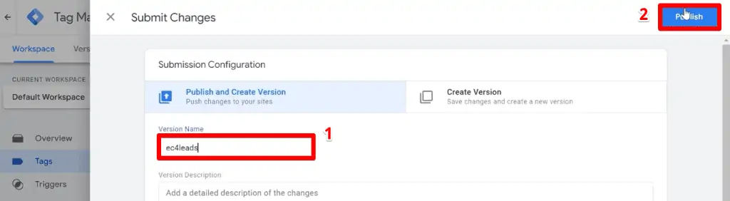 Providing a version name and publishing the container