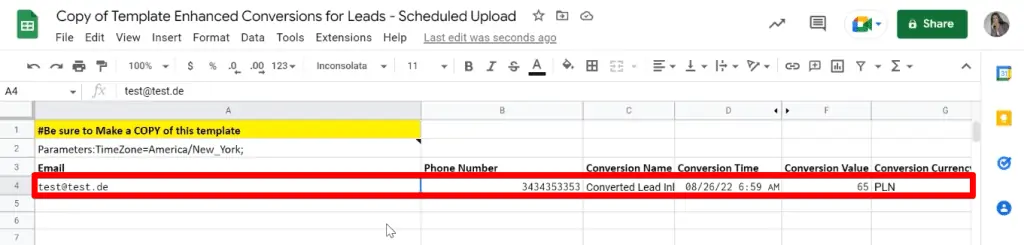 Providing conversion data in the enhanced conversions for leads template