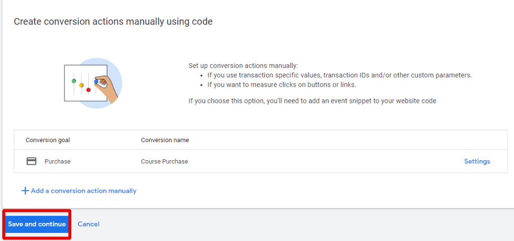 Saving the conversion configuration in the Ads account