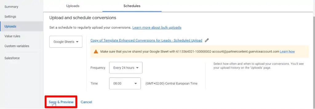 Saving the upload schedule for the offline conversions spreadsheet
