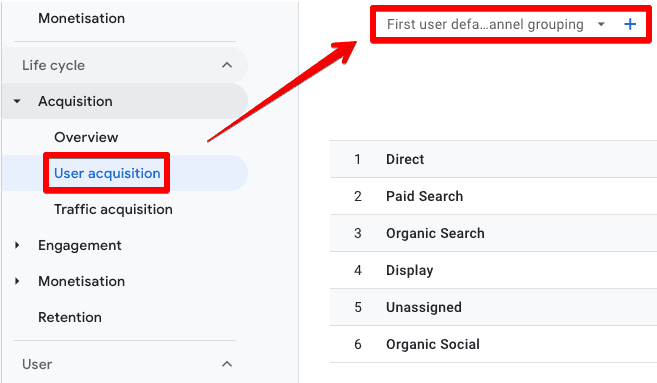 Screenshot of User acquisition report in GA4 showing first user default channel grouping