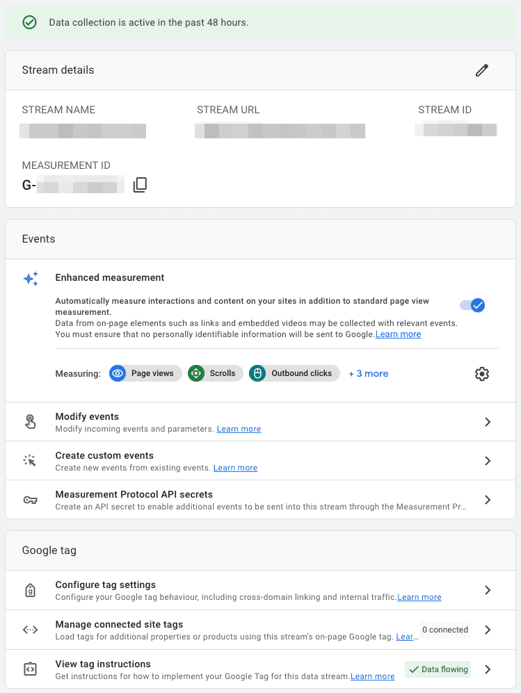 Screenshot of Web stream details after it’s configured with enhanced measurement and other settings