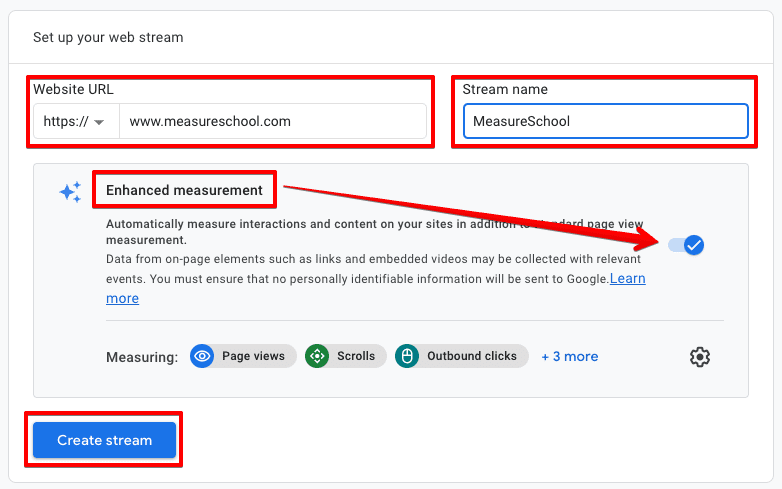 Screenshot of Web stream set up interface in GA4