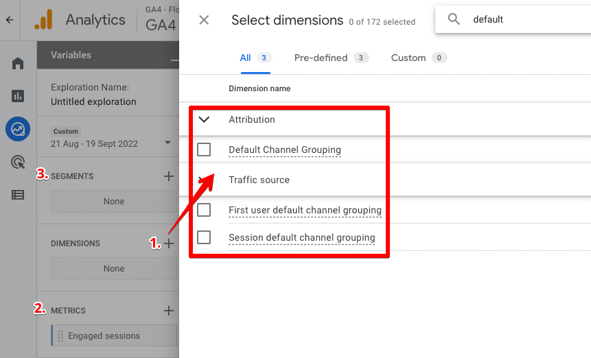 Screenshot of a free-form report showing how to add default channel group as dimension, metrics, and any optional segments