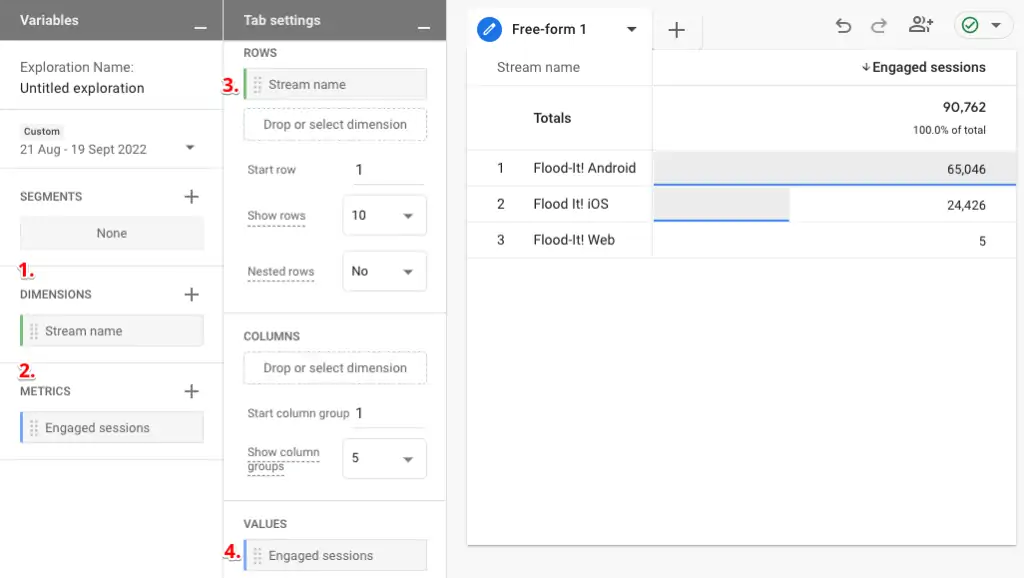 Screenshot of free-form exploration report with Stream name as dimension and engaged sessions as metric
