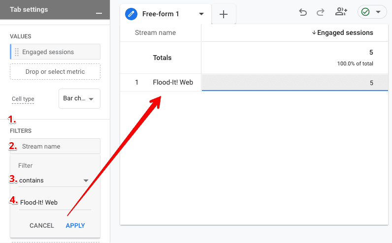 Screenshot of free-form exploration report with Stream name filter to show data only for web streams