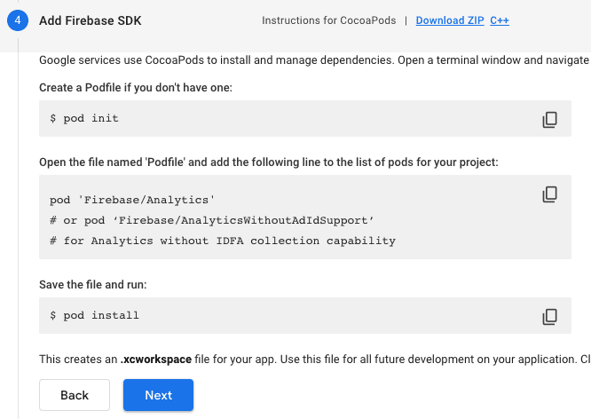 Screenshot of setting up iOS stream in GA4 step 4 - Add Firebase SDK