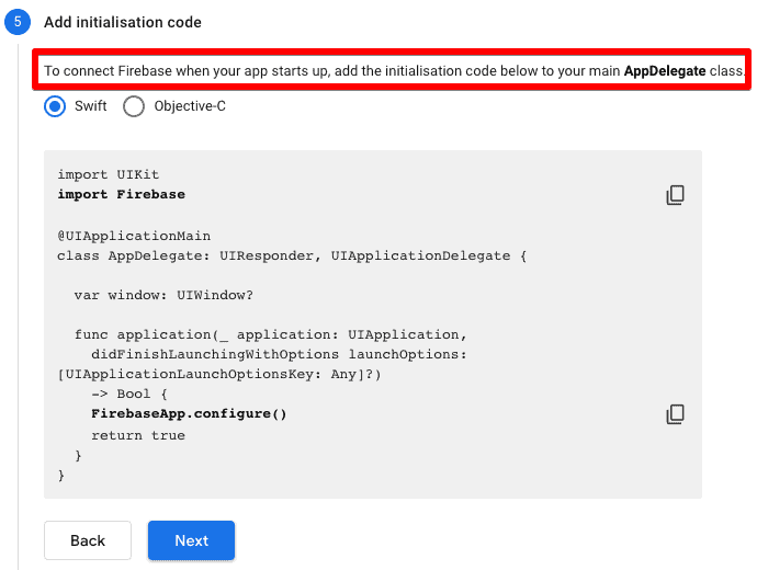Screenshot of setting up iOS stream in GA4 step 5 - Add initialization code