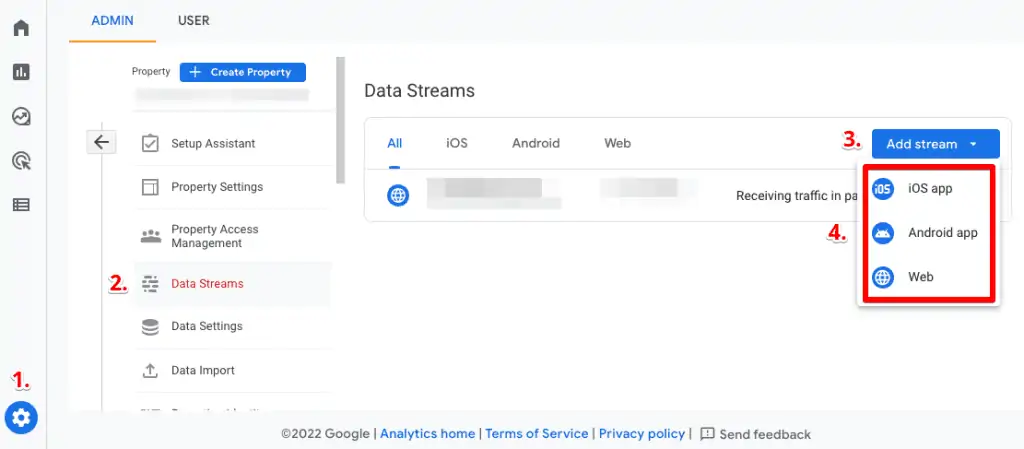 Screenshot showing five steps on how to select and add the stream type in GA4 admin settings
