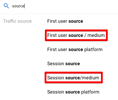Screenshot showing how to add source/medium as a secondary dimension in GA4 traffic acquisition report
